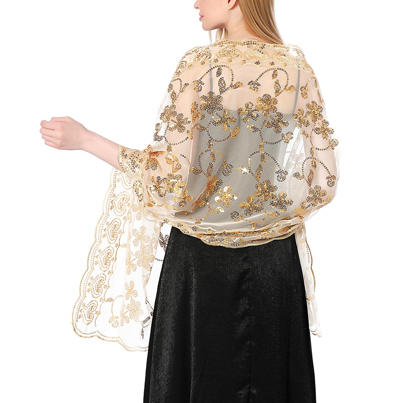5243 Sequin Floral Shawls And Wraps For Evening DressesWomen Sparkly Sheer